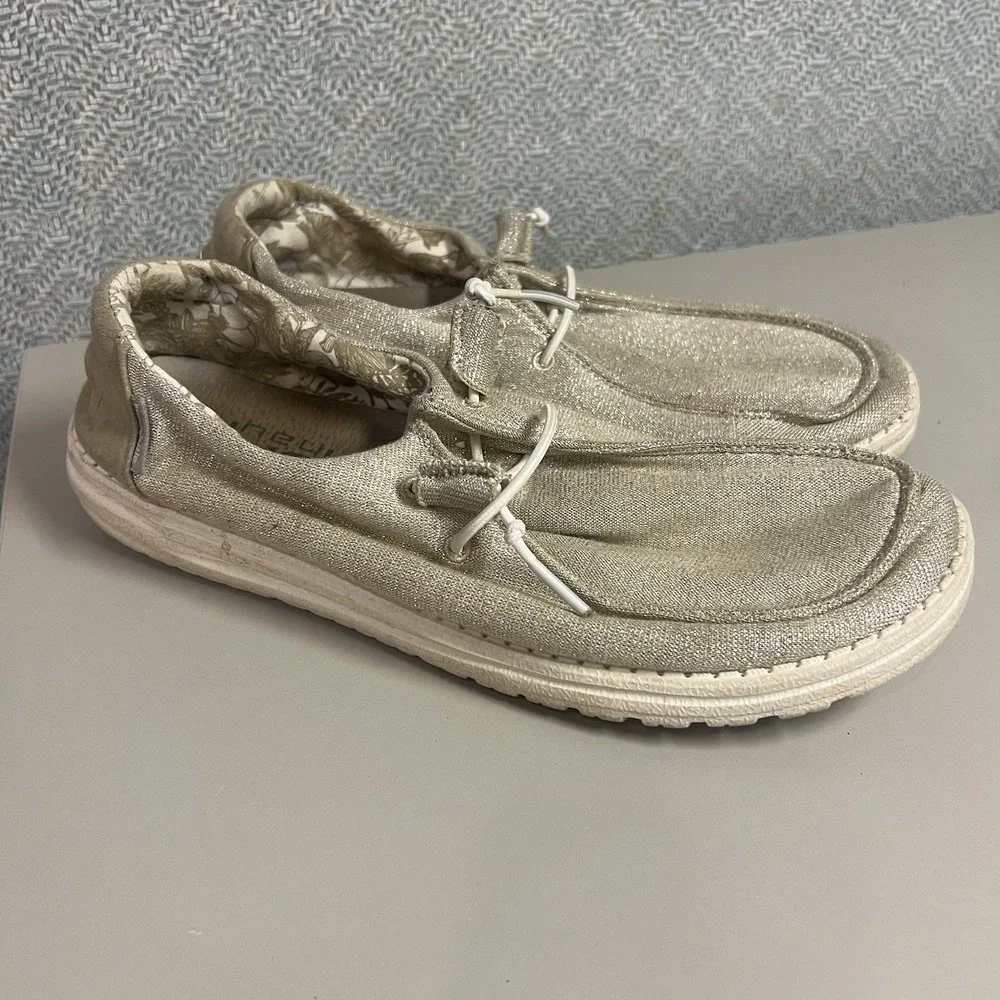 Hey Dude Wendy‎ Stretch Shoes Womens 9 Sparkling Beige Slip On Comfort Casual